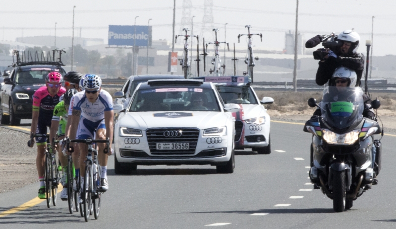 Clicktvmoto X La moto della televisione durante la Prima Tappa del Dubai Tour 2015. Dubai, Emirati Arabi Uniti, 4 febbraio 2015. ANSA/CLAUDIO PERI